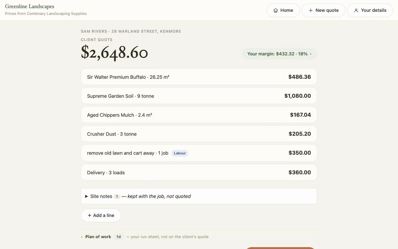 QuickQuote pricing a typed job against Centenary's price list.