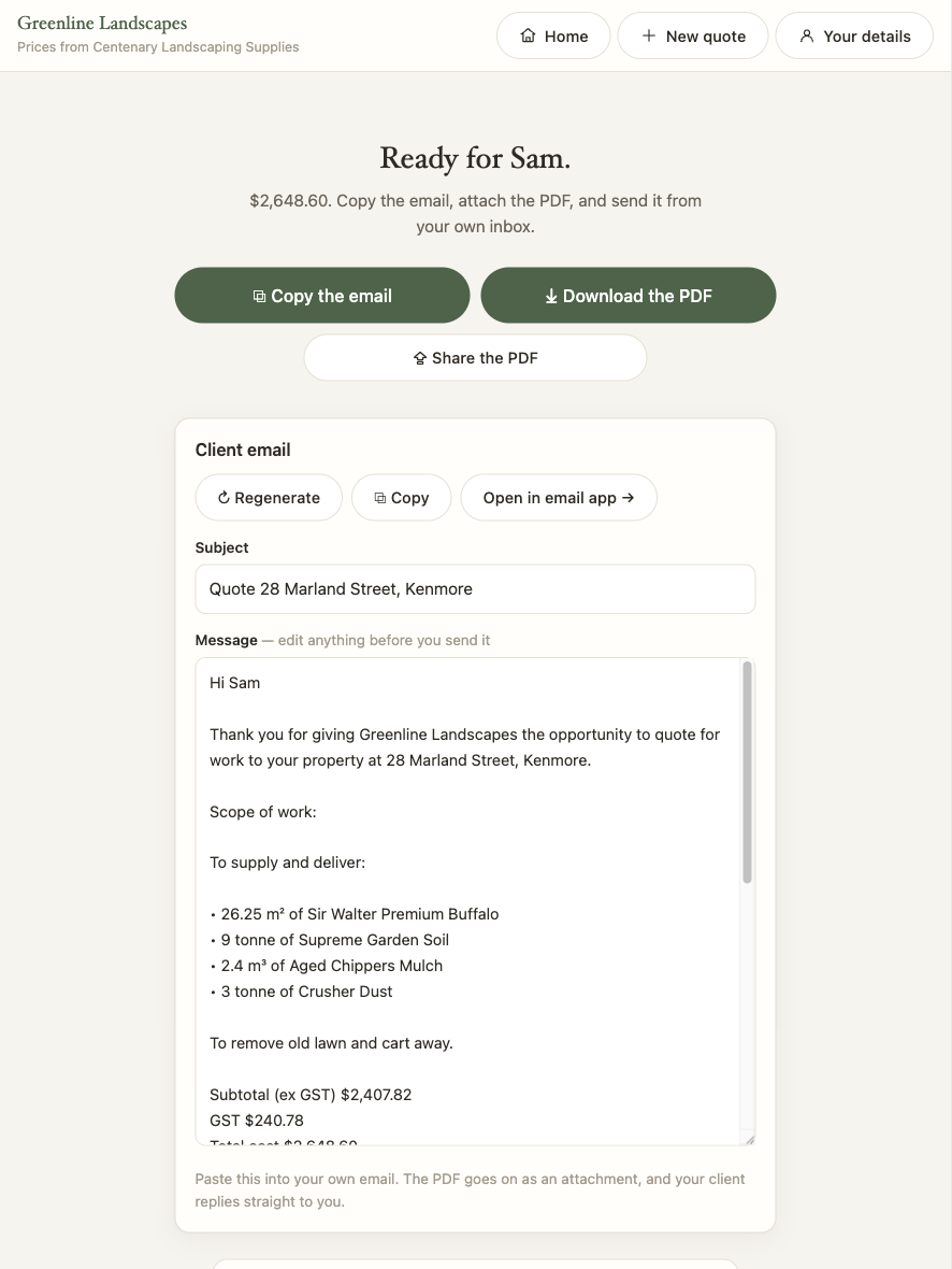 The QuickQuote finish screen: 'Ready for Sam.', the total of $2,648.60, buttons to copy the email and download the PDF, and the client email written out below with the subject line and the full message ready to copy.